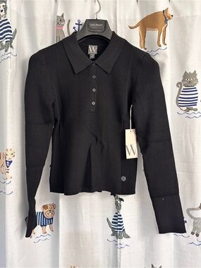 Worthington Black Ribbed Polo Long-Sleeve Top